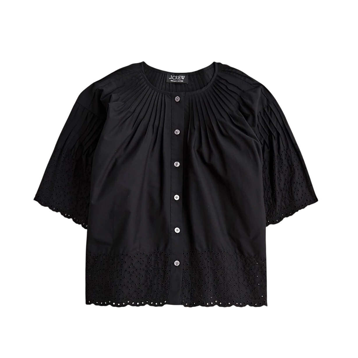 J. Crew Jolie Top Eyelet Cotton Poplin Short Sleeve Pintuck Button Black - Small